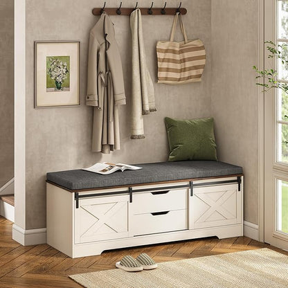 60“ Farmhouse Storage Bench with Cushion, Shoe Rack with Slide Barn Doors, Adjustable Shelf and 2 Drawer for Entry, Bedroom, Closet, Living Room, Hallway (White Brown, 60 in)