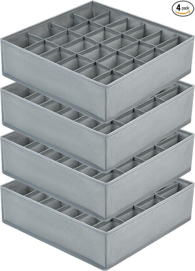 Joyoldelf Sock Drawer Organizer Divider Underwear Organizer 24-cell Fabric Dresser Drawer Organizers Storage Boxes for Socks Lingerie, Handkerchiefs, Ties 4 Pack (Grey)