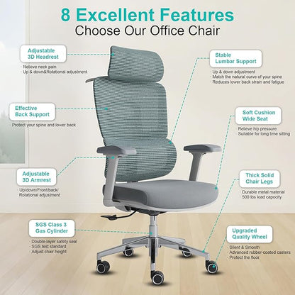 Ergonomic Office Chair with Lumbar Support,Headrest, and6D Armrests - Mesh Computer Chair with Coat Hook-500 lbsWeight Capacity - Extra-Wide Seat- High-Back Office Chair, Blue