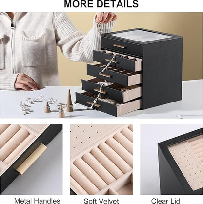 Frebeauty Clear Lid Jewelry Box,5-Layer Jewelry Organizer with Drawer,PU Leather Jewelry Organizers and Storage,Jewelry Boxes for Women,Jewelry Storage for Rings Earring Stud,Gift for Women(Black)