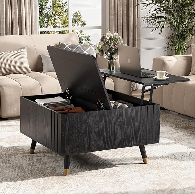 SULIVES Lift Top Coffee Table with Storage,Square Coffee Table with Lifting Top,Modern Center Table with Solid Wood Legs,Small Coffee Tables for Living Room,Black