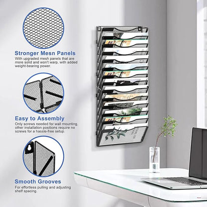 EasyPAG Wall File Organizer for Office 14 Pocket Mesh Wall Mounted Paper Organizer Hanging Folder Holder with Nametag Label for Home School, Black
