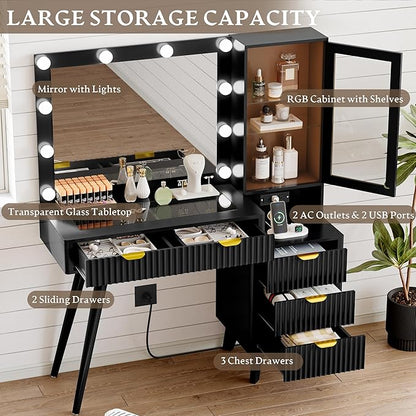 Fluted Vanity Desk with Mirror and Lights, 45" Glass Top Makeup Table Set with 5 Drawers, Power Outlet & Storage Cabinet, Large Dressing Table with RGB Ambient Light for Bedroom Women Girls, Black