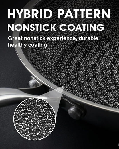 Non Stick Frying Pan 12 Inch with Lid, Hybrid Nonstick Stainless Steel Skillet Pan with Stay-cooling Handle, PFOA Free Non Toxic Dishwash & Oven Safe Kithchen Cookware Set Compatible All Cooktops