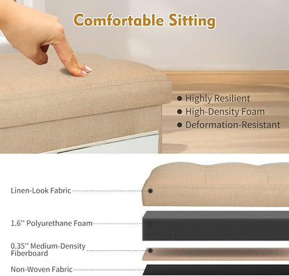 BelugaHelper Ottoman with Storage, Small Storage Ottoman Foot Rest with Thicker Foam Padded Seat. Foldable Linen Cloth Foot Stool for Living Room Bedroom, Holds Up to 300 lbs, 17x13x13IN(Beige)