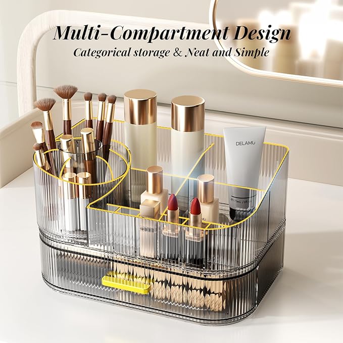 Delamu Makeup Organizer for Vanity with Stackable Drawers, 360 Rotating Makeup Brush Holder Large Cosmetic Display Case, Bathroom Skincare Storage, Crystal Black, Ideal Christmas Gifts for Girls