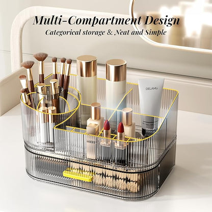 Delamu Makeup Organizer for Vanity with Stackable Drawers, 360 Rotating Makeup Brush Holder Large Cosmetic Display Case, Bathroom Skincare Storage, Crystal Black, Ideal Christmas Gifts for Girls