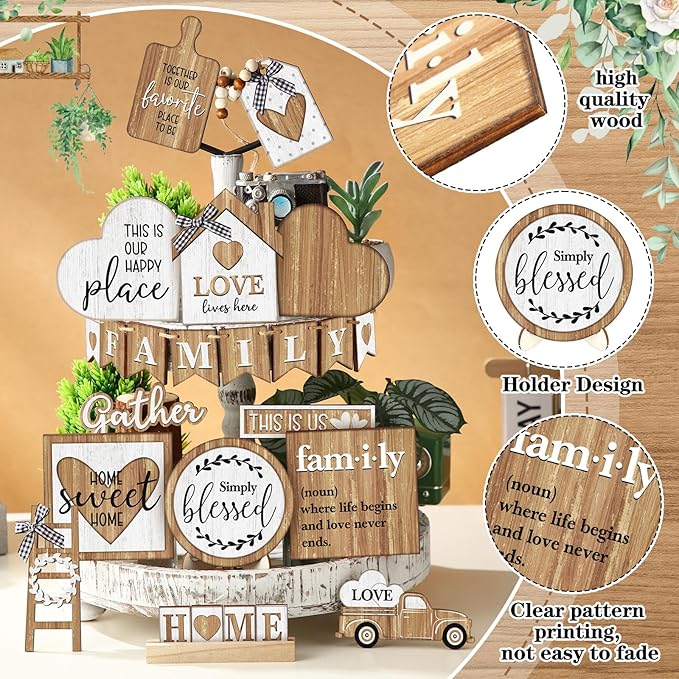 Yaomiao 21 Pcs Farmhouse Tiered Tray Decor Set Rustic Farmhouse Wood Sign Decor Items Vintage Rustic Family Gather Blessed Tiered Tray This is Our Happy Place Sign for Home Kitchen Table Shelf