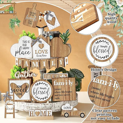 Yaomiao 21 Pcs Farmhouse Tiered Tray Decor Set Rustic Farmhouse Wood Sign Decor Items Vintage Rustic Family Gather Blessed Tiered Tray This is Our Happy Place Sign for Home Kitchen Table Shelf