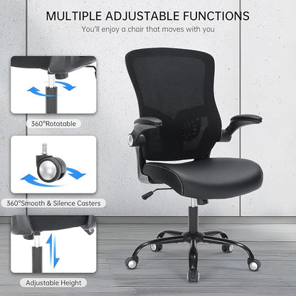 Ergonomic Office Chair, Mid Back Breathable Mesh Desk Computer Swivel Chair with Adjustable Lumbar Support,Flip up Arms,PU Leather Cushion for Home Office, Black