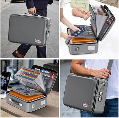 DocSafe Fireproof Document Box with Lock, Hard Case File Organizer with Accordion File Folder, Fireproof Water Resistant Safe Box Home Office Travel Storage for Important Documents Laptop Gray