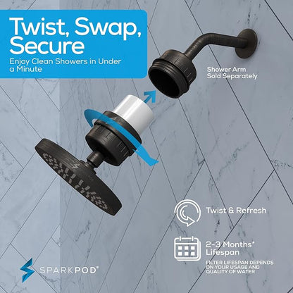 SparkPod 23-Stage Filtered Shower Head, 6" Round, Oil-Rubbed Bronze | Filtered Shower Head for Hard Water Filter, High Pressure, Reduces Chlorine, Heavy Metals, For Dry Skin & Hair