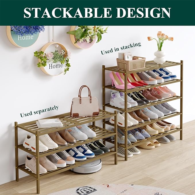 Smiry Long Bamboo Shoe Rack 2-Tier, Stackable Wooden Shoe Organizer for Entryway & Closet, Free Standing Wood Shoe Storage Shelf for Front Door & Small Spaces, Walnut