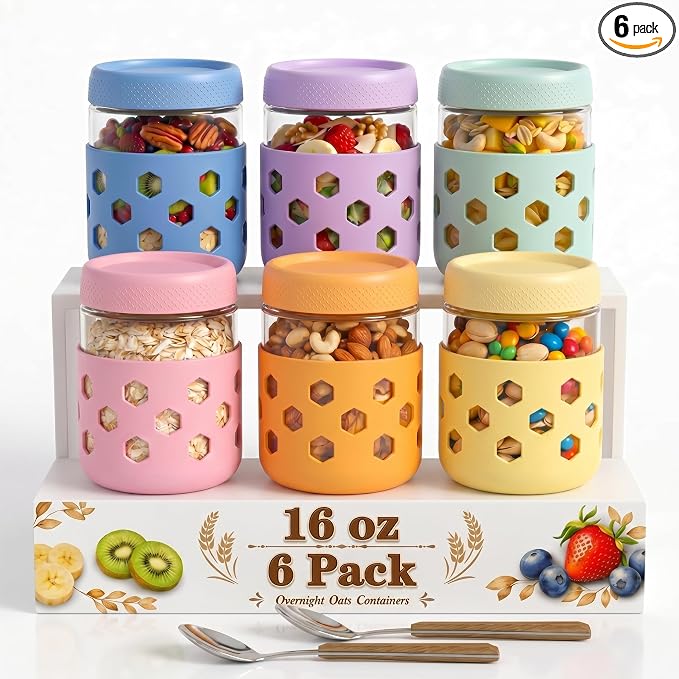 6-Pack 16 oz Overnight Oats Jars with Lids & Silicone Sleeves - Airtight Glass Mason Jars, Food Storage, Wide Mouth Meal Prep Containers for Chia Pudding, Yogurt, Berries & Snacks (Include Spoons)