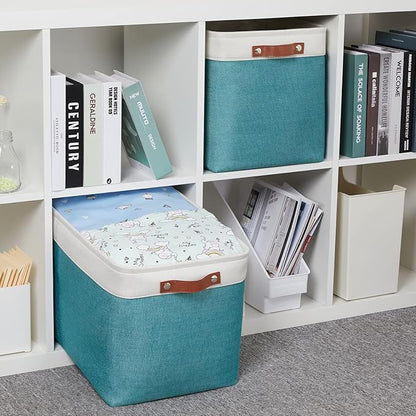 HNZIGE Extra Large Fabric Storage Bin Baskets for Organizing Shelves [2 Pack] Storage Baskets for Closet 16" X 11.8" X 11.8" Rectangular Storage Basket Bin for Organization Living Room(Teal&White)