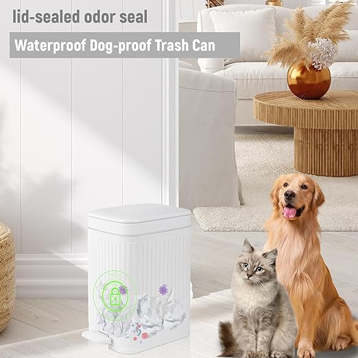 rejomiik Small Bathroom Trash Can with Lid Slim Soft Close Garbage Can Step Wastebasket Container Trash Bin for Office Bedroom Kitchen Living Room (1.9 Gallon White)