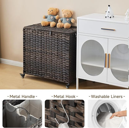 Laundry Hamper with Wheels, 39.6 Gallon(150L) Rolling Laundry Basket with Lid, Removable Large 2 Color Liners & 3 Mesh Laundry Bags, Clothes Hamper with Side Pocket, Brown