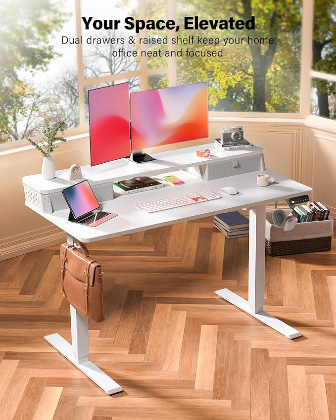 FiCiHi Standing Desk with Drawers, C-Clamp Mount Compatible, 55x24 Inch Electric Adjustable Height Computer Stand Up Desks, Home Office Sit Stand Table with 3 Preset Heights & 2 Hooks, White