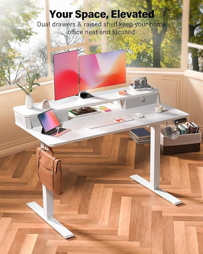 FiCiHi Standing Desk with Drawers, C-Clamp Mount Compatible, 55x24 Inch Electric Adjustable Height Computer Stand Up Desks, Home Office Sit Stand Table with 3 Preset Heights & 2 Hooks, White