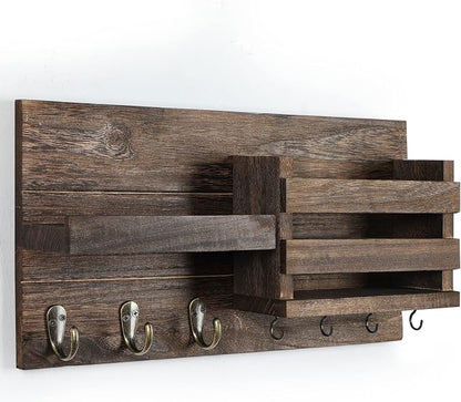 Lwenki Mail Organizer for Wall Mount – Key Holder with Shelf Includes Letter Holder and Hooks for Coats, Dog Leashes – Rustic Wood with Flush Mounting Hardware (16.5” x 8.7” x 3.5”)