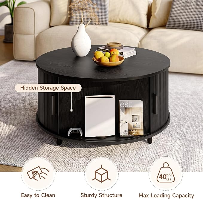 ONBRILL Round Coffee Table with Storage, 31.5" Modern Coffee Table with 360° Curved Sliding Door, Fluted Wood Accent Coffee Table with Adjustable Footpads, Round Center Table for Living Room, Black