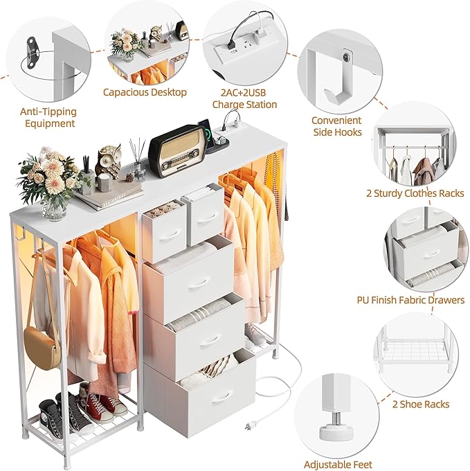 49.2“W Dresser with 2 Hanging Racks, 5 Drawers Dresser with LED Lights & Charging Station, Dressers TV Stand with Clothes Rack, Shoe Racks and Side Hooks, Chest of Drawers for Bedroom, White