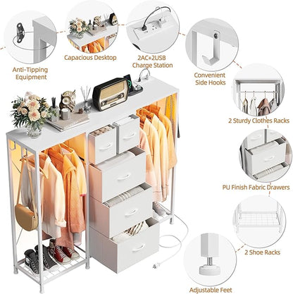 49.2“W Dresser with 2 Hanging Racks, 5 Drawers Dresser with LED Lights & Charging Station, Dressers TV Stand with Clothes Rack, Shoe Racks and Side Hooks, Chest of Drawers for Bedroom, White