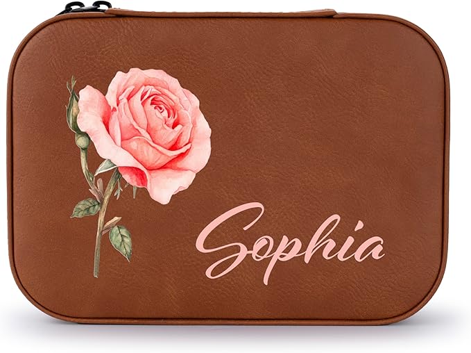Custom Leather Jewelry Box with Name & Birth Flower Month, Birthday Gifts for Women, Personalized Jewelry Travel Case - Customized Jewelry Organizer Box, Mom Birthday Gifts, Chestnut