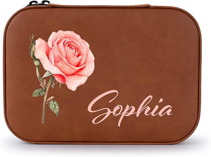 Custom Leather Jewelry Box with Name & Birth Flower Month, Birthday Gifts for Women, Personalized Jewelry Travel Case - Customized Jewelry Organizer Box, Mom Birthday Gifts, Chestnut