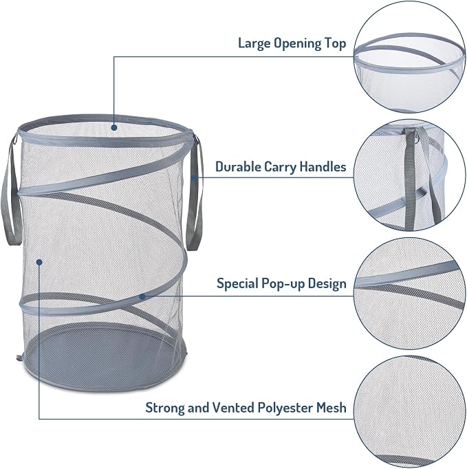 Seiritex Mesh Popup Laundry Hamper 115L Collapsible Laundry Basket Extra Large Capacity Foldable Clothing Storage Basket with Handles 26 H x 18 W x 18 L (Gray)