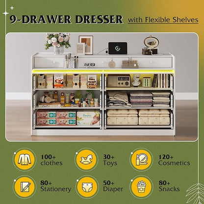 WLIVE 9 Drawer Led Dresser for Bedroom, 58" White Wood Dresser Storage Organizer with Charging Station for 65" TV, Dressers with Open Shelves, Chest of Drawers for Closet, Living Room