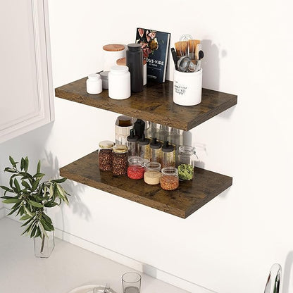 Dreamland 24" Floating Shelves for Wall, 12" Deep Slim Rustic Brown Floating Shelves, Wall-Mounted Shelves for Bedroom, Living Room, Kitchen, Bathroom - Set of 2