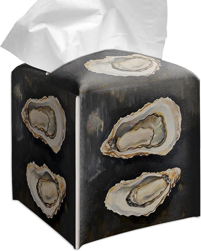 Grace Yonks Modern Tissue Box Cover Square - Painted Oyster Trio Design 5.2" PU Leather Holder for Vanity, Desk, or Bathroom Counter - Cube Case for Facial Tissues. (113)