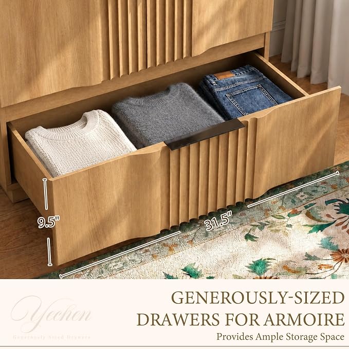 Yechen 67" Fluted Armoire Wardrobe Closet with Doors and Drawer, Wooden Wardrobe Closet Cabinet with Adjustable Shelve, Modern Small Armoires Storage Clothes, Coats for Bedroom, Natural