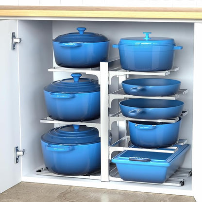 ORDORA Pots and Pans Organizer Rack for Cabinet, 15.83" Height 8-Tier Heavy Duty 120LBS Pot Pan Organizer under Cabinet Adjustable for Cast-iron Pan, Heavy Skillets Griddles, Shallow Pot, Silver