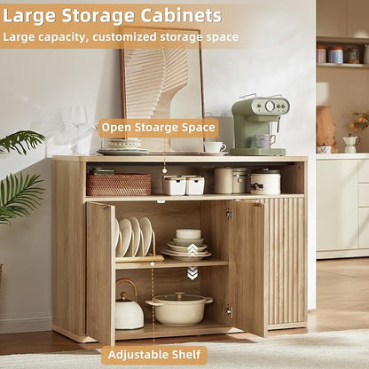 LEYAOYAO Buffet Cabinet with Storage, 45" Wide Fluted Accent Sideboard Credenza with 3 Doors & Open Storage Shelf, Modern Kitchen Wood Media Console Cabinet for Dining Room, Entryway, Natural Oak