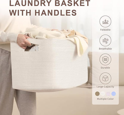 SunNewt 86L Large Baby Girls Laundry Basket for Nursery Storage,Cute Woven cotton Rope Baskets for Kids Toy，Gifts, Boho Square Wicker Blanket hamper for Living Room,Bedroom Dirty Clothes, White