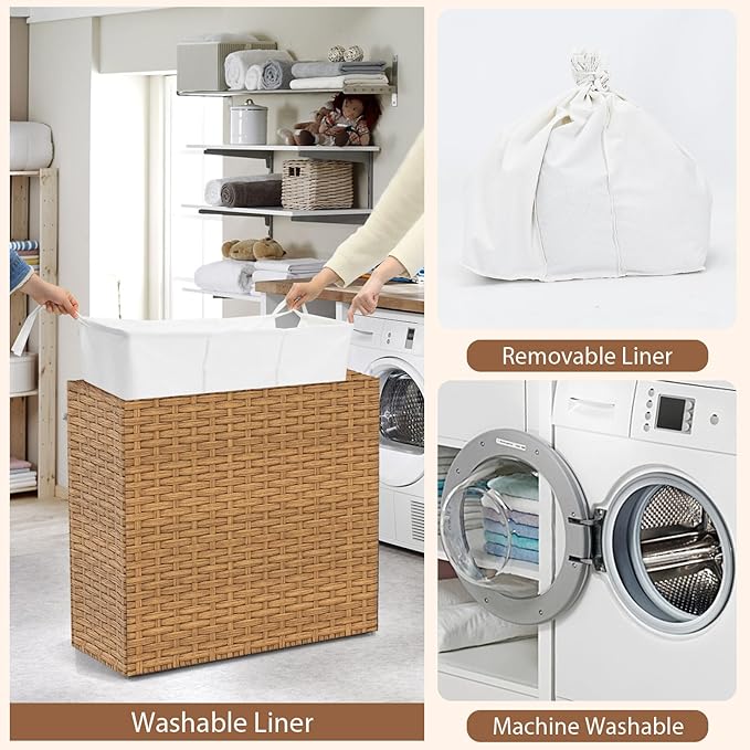 GOFLAME Laundry Hamper with Lid and Wheels, 125L Hand Woven Rattan Laundry Basket with 3 Divided Sections, Handles, 2 Removable and Washable Liner Bags, Dirty Clothes Hamper for Bedroom (Natural)