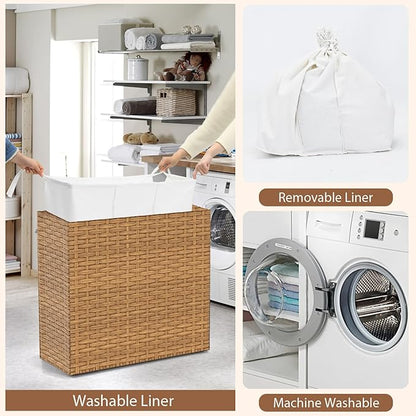 GOFLAME Laundry Hamper with Lid and Wheels, 125L Hand Woven Rattan Laundry Basket with 3 Divided Sections, Handles, 2 Removable and Washable Liner Bags, Dirty Clothes Hamper for Bedroom (Natural)
