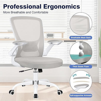 Ergonomic Office Chair, Mesh Computer Chairs with Lumbar Support, Swivel Desk Chair with Flip-up Arms and Adjustable Height, Light Gray