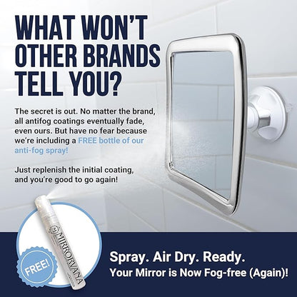 MIRRORVANA Fogless Shower Mirror for Shaving with Upgraded Suction, Anti Fog Shatterproof Surface and 360° Swivel, No Magnification, 6.3" x 6.3" (Chrome)