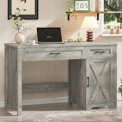 Vabches Farmhouse 47" Executive Desk,Computer Desk with Drawers and Storage Cabinet, Home Office Desk for Work and Study.Grey