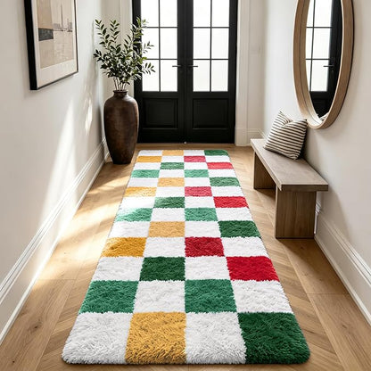 Shag Runner Rug for Bedroom Living Room 3x7 Upgrade Non-Slip Fluffy Soft Bedside Rugs,Checked Shaggy Carpet for Livingroom Dorm Home Decor Aesthetic