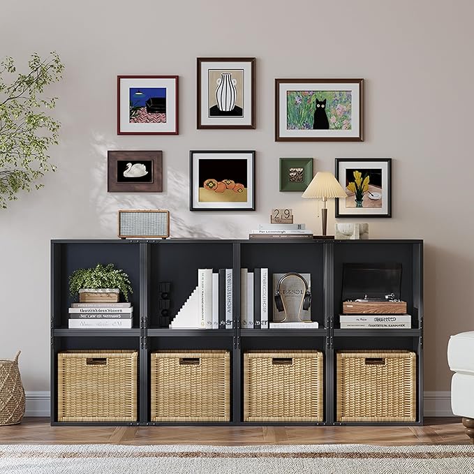 DIY Cube Storage Organizer, Stackable Display Bookcase with Anti-Tip Design, Cube Book Shelf for Bedroom, Office, Dorm, 4 Storage Cube, Black
