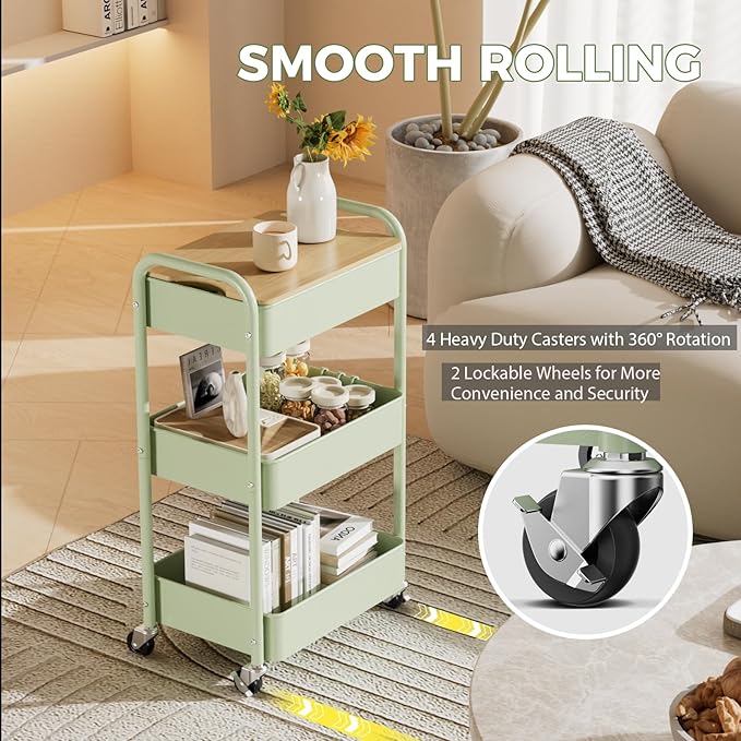 johgee 3 Tier Rolling Cart with Table top, Metal Rolling Utility Cart, Sturdy Storage Organizer Cart with Locking Wheels & Hooks for Office, Classroom, Kitchen and Bathroom