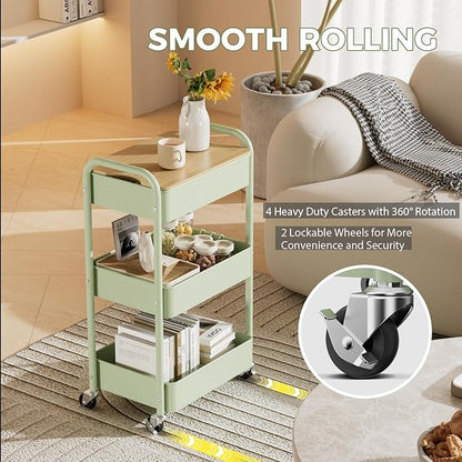 johgee 3 Tier Rolling Cart with Table top, Metal Rolling Utility Cart, Sturdy Storage Organizer Cart with Locking Wheels & Hooks for Office, Classroom, Kitchen and Bathroom