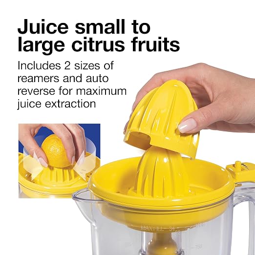 Proctor Silex Alex's Lemonade Stand Electric Citrus Juicer Machine, Large 34 oz. Pitcher, Pressure Activated, for Lemons, Limes and Oranges, 34 oz, Includes 2 Reamers & Recipe Book, Yellow (66341)