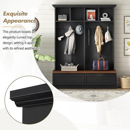 Merax Farmhouse Wood Hall Tree with Bench and Storage Drawers, 4-in-1 Coat Rack with 6 Hooks for Entrance, Hallway Black