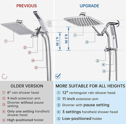 G-Promise All Metal 12 Inch Shower Head with Massage Mode Handheld, Rain Shower Head with Handheld Spray Combo, 3-Way Diverter with Pause Setting, 11 Inch Adjustable Extension Arm (Chrome)