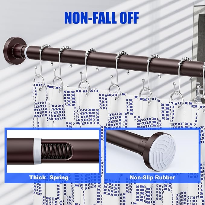 Ausemku Shower Curtain Rod 32-80 Inch Adjustable - 1 Inch Diameter Heavy Duty No drill Spring Tension Shower Rod, Non-Slip Rustproof Telescopic Rod for Bathroom, Brown